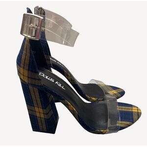 Dolls Kill Womens Plaid Block Heels Size 7 Blue Yellow Clear Straps
